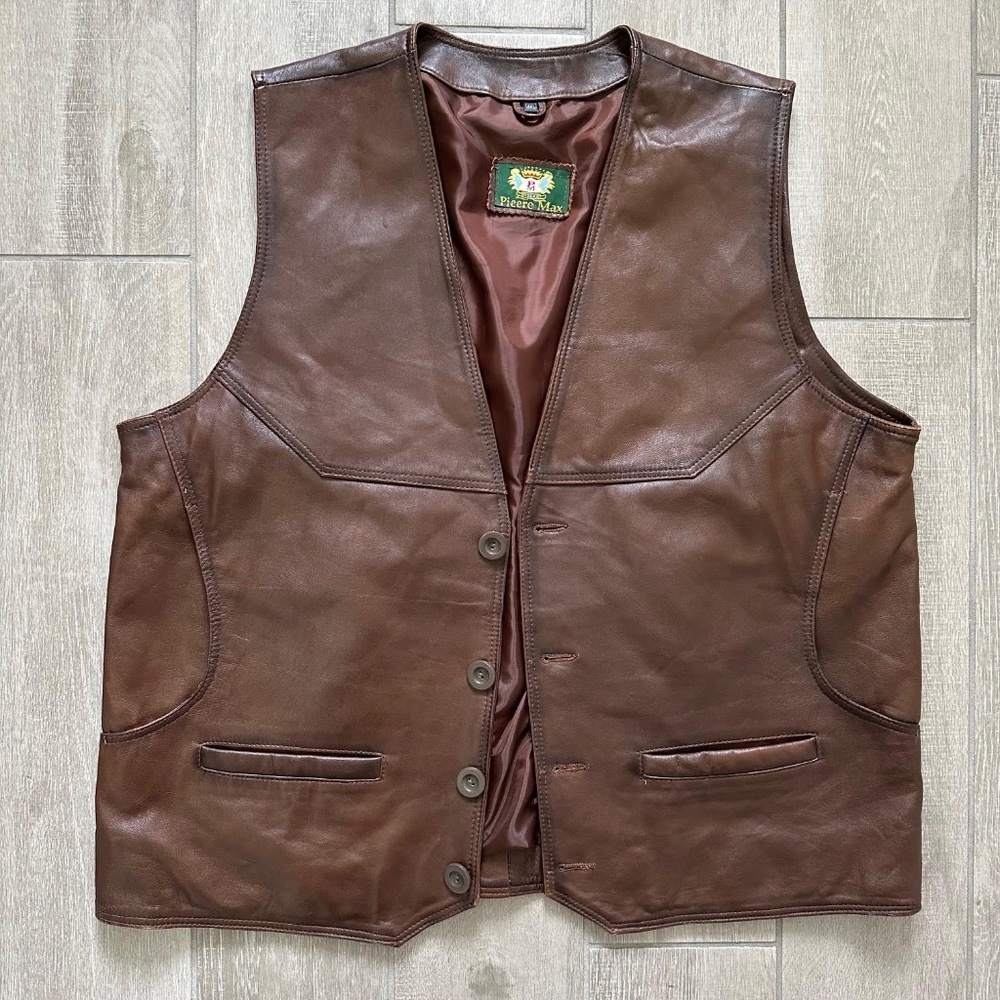Vintage Leather Biker Motorcycle Brown Lined Pocketed Vest Men's 4XL